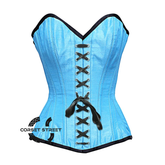 Baby Blue Satin Burlesque Front Lace Waist Training Costume Gothic Corset Overbust Top